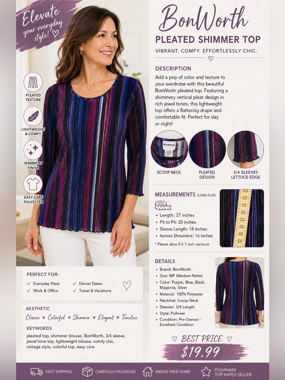 BonWorth Multi-Stripe Pleated Long Sleeve Top in Purple and Blue